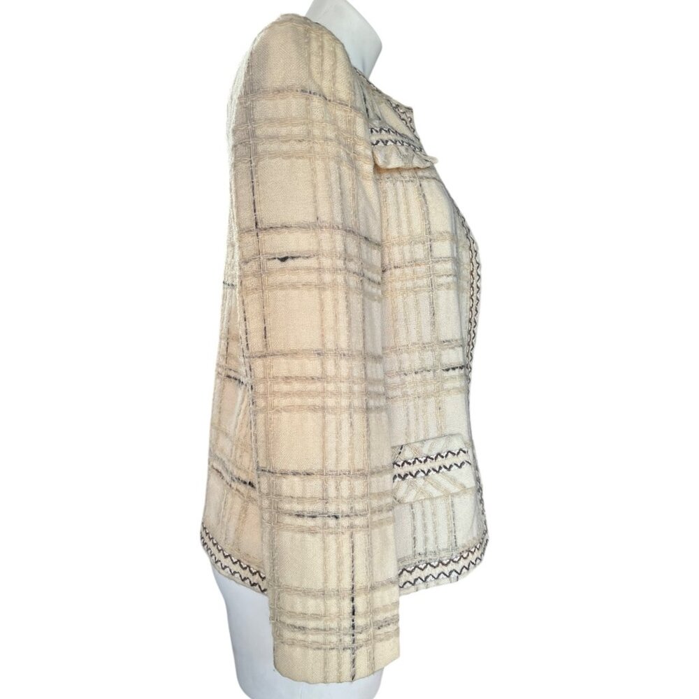 I Magnin & Co Cream & Black Plaid Wool Womens Tweed Blazer Jacket With Front Poc - Picture 4 of 9